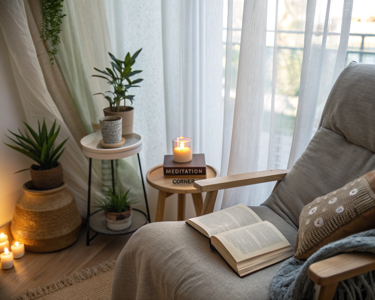Rincón de meditación para personas mayores con silla cómoda, cojines suaves, mesa con vela encendida y libro abierto, iluminado por luz natural a través de cortinas.