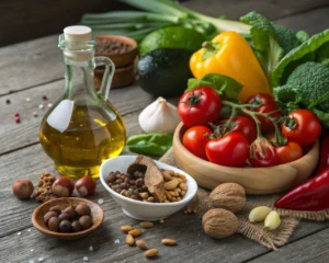 Ingredientes de la dieta mediterránea: verduras frescas, aceite de oliva y nueces sobre una mesa de madera rústica, en una composición visual saludable y colorida.