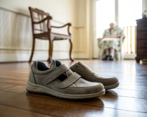 Zapatos ergonómicos y antideslizantes para ancianos, sobre un piso de madera pulida, con una luz suave y un fondo que sugiere un ambiente cómodo y seguro para personas mayores.