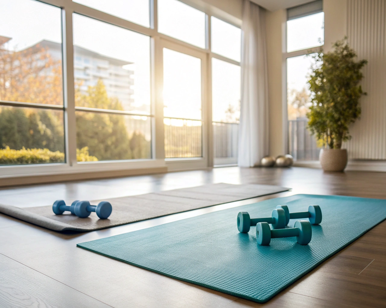 Sala de ejercicio bien iluminada con esteras de yoga y pesas ligeras, inundada de luz natural en la mañana, creando un ambiente tranquilo y organizado.