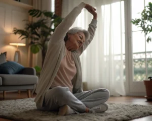 Senior haciendo estiramientos suaves en un entorno sereno con luz natural, destacando la ropa cómoda y su expresión tranquila.