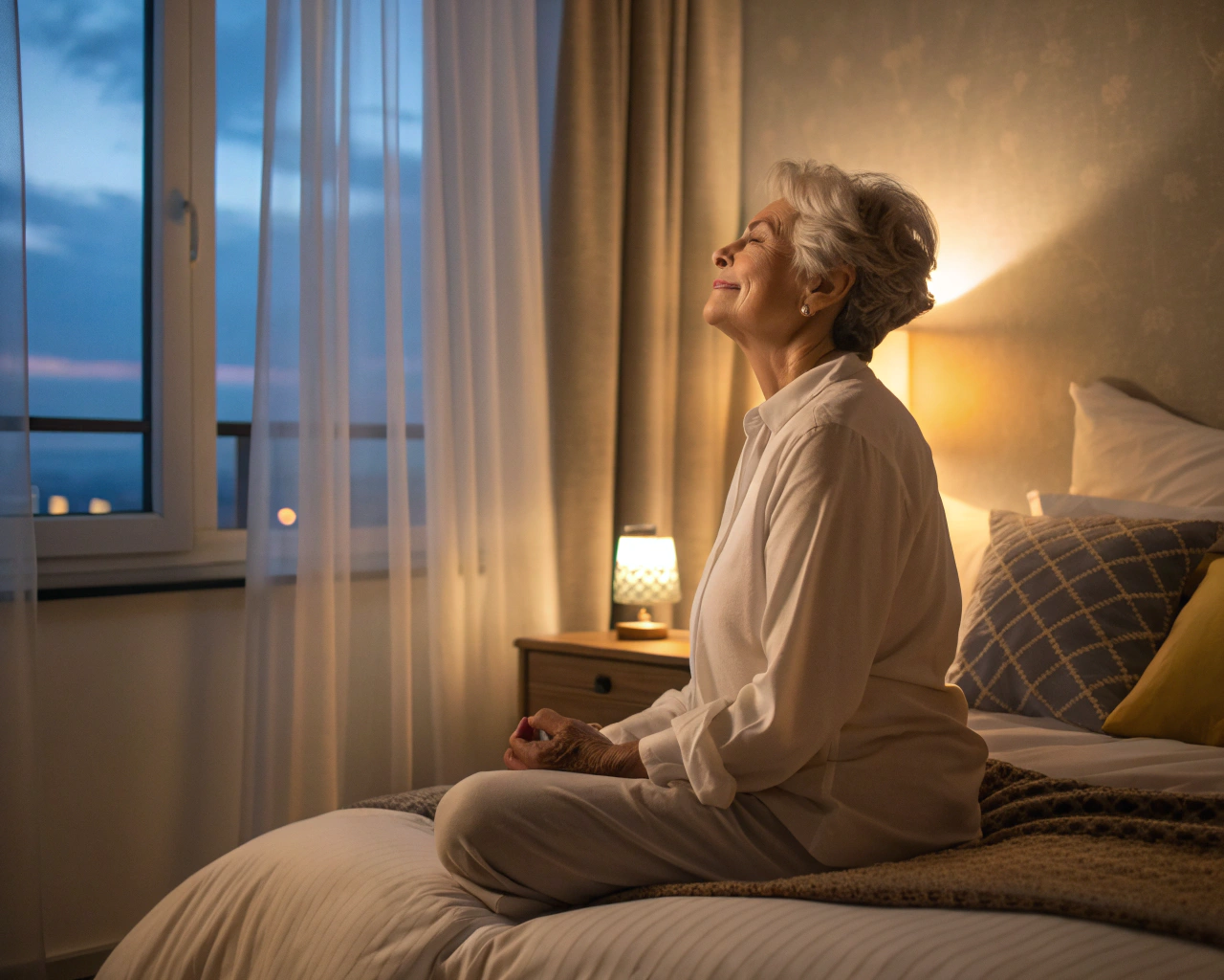Anciano practicando respiración profunda en un dormitorio sereno, con suavidad en la iluminación y detalles que muestran un ambiente pacífico y equilibrado.