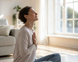 Persona practicando respiración profunda en un entorno minimalista y sereno, con luz natural y una postura relajada, transmitiendo calma.