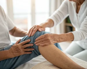 Manos de anciano masajeando suavemente una rodilla en un ambiente tranquilo y bien iluminado, simbolizando el autocuidado.