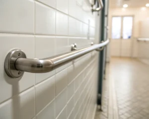 Primer plano de un pasamanos de seguridad de metal pulido en un baño minimalista, resaltando su brillo y textura con un fondo desenfocado de azulejos blancos.