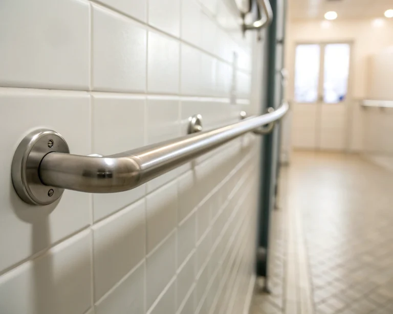Primer plano de un pasamanos de seguridad de metal pulido en un baño minimalista, resaltando su brillo y textura con un fondo desenfocado de azulejos blancos.