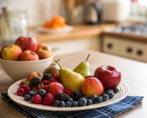 Plato de frutas coloridas en una mesa de cocina acogedora, incluyendo manzanas, peras y bayas, iluminadas suavemente para resaltar su frescura y vitalidad.