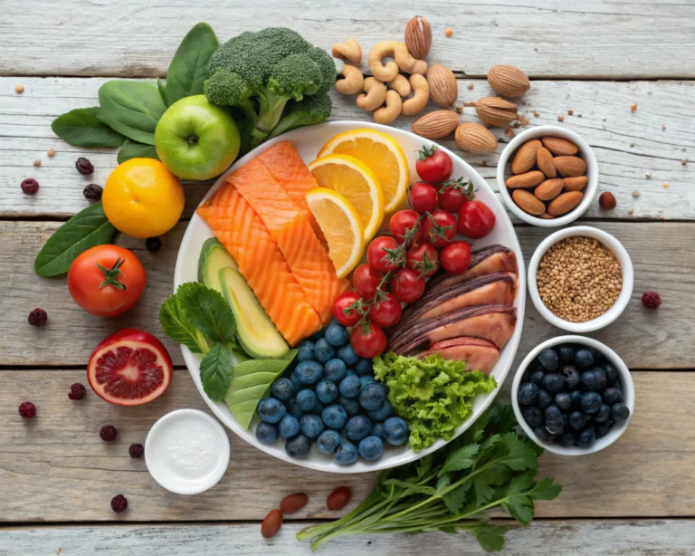 Asortimiento colorido de frutas, verduras, nueces y pescado dispuestos simétricamente sobre una mesa de madera rústica, destacando los colores vivos y la frescura de los alimentos.