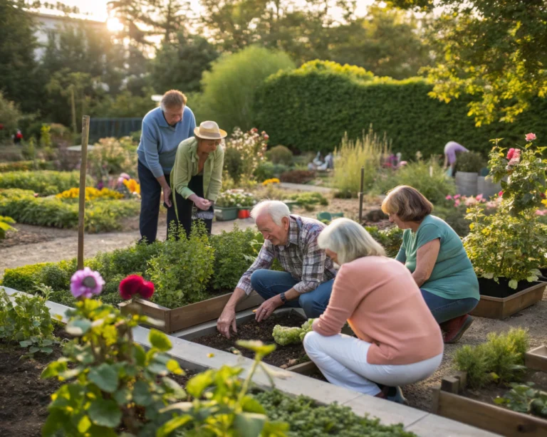 Un grupo de personas mayores en un jardín comunitario, trabajando juntos en las plantas y compartiendo historias, con un ambiente cálido y acogedor. La imagen muestra herramientas de jardinería y vegetación vibrante, simbolizando la colaboración y el crecimiento.