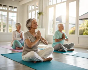Grupo de adultos mayores realizando ejercicios de yoga en una sala iluminada, con un ambiente acogedor y positivo, sin individuos identificables.