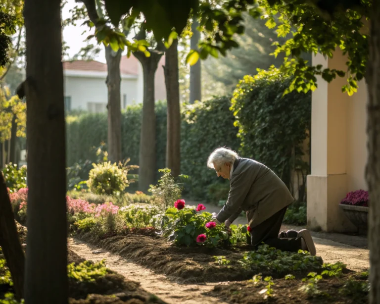 Una persona anciana en un jardín sereno arreglando plantas, rodeada de flores coloridas y vegetación exuberante, con luz natural destacando la belleza del entorno.