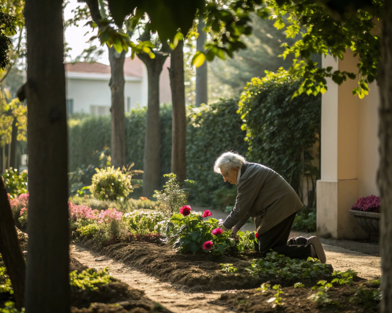 Una persona anciana en un jardín sereno arreglando plantas, rodeada de flores coloridas y vegetación exuberante, con luz natural destacando la belleza del entorno.