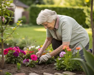 Persona mayor cuidando flores en un jardín bien cuidado, con manos arrugadas y rodeado de vegetación y coloridos pétalos, transmitiendo calma y satisfacción en la actividad de jardinería.