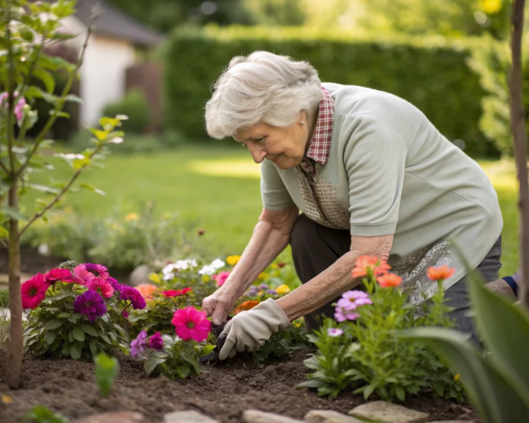Persona mayor cuidando flores en un jardín bien cuidado, con manos arrugadas y rodeado de vegetación y coloridos pétalos, transmitiendo calma y satisfacción en la actividad de jardinería.