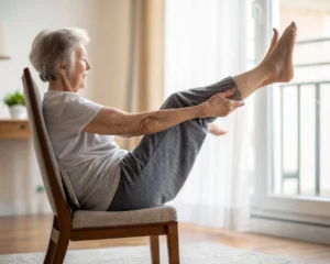 Persona mayor haciendo ejercicios de equilibrio en casa, enfocándose en las piernas y pies durante elevaciones de talones, con luz natural suave y un fondo difuso.