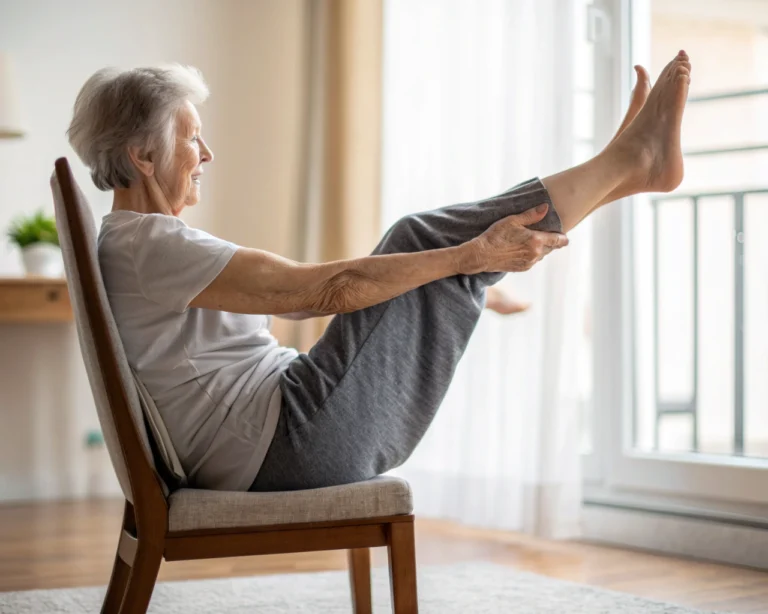 Persona mayor haciendo ejercicios de equilibrio en casa, enfocándose en las piernas y pies durante elevaciones de talones, con luz natural suave y un fondo difuso.