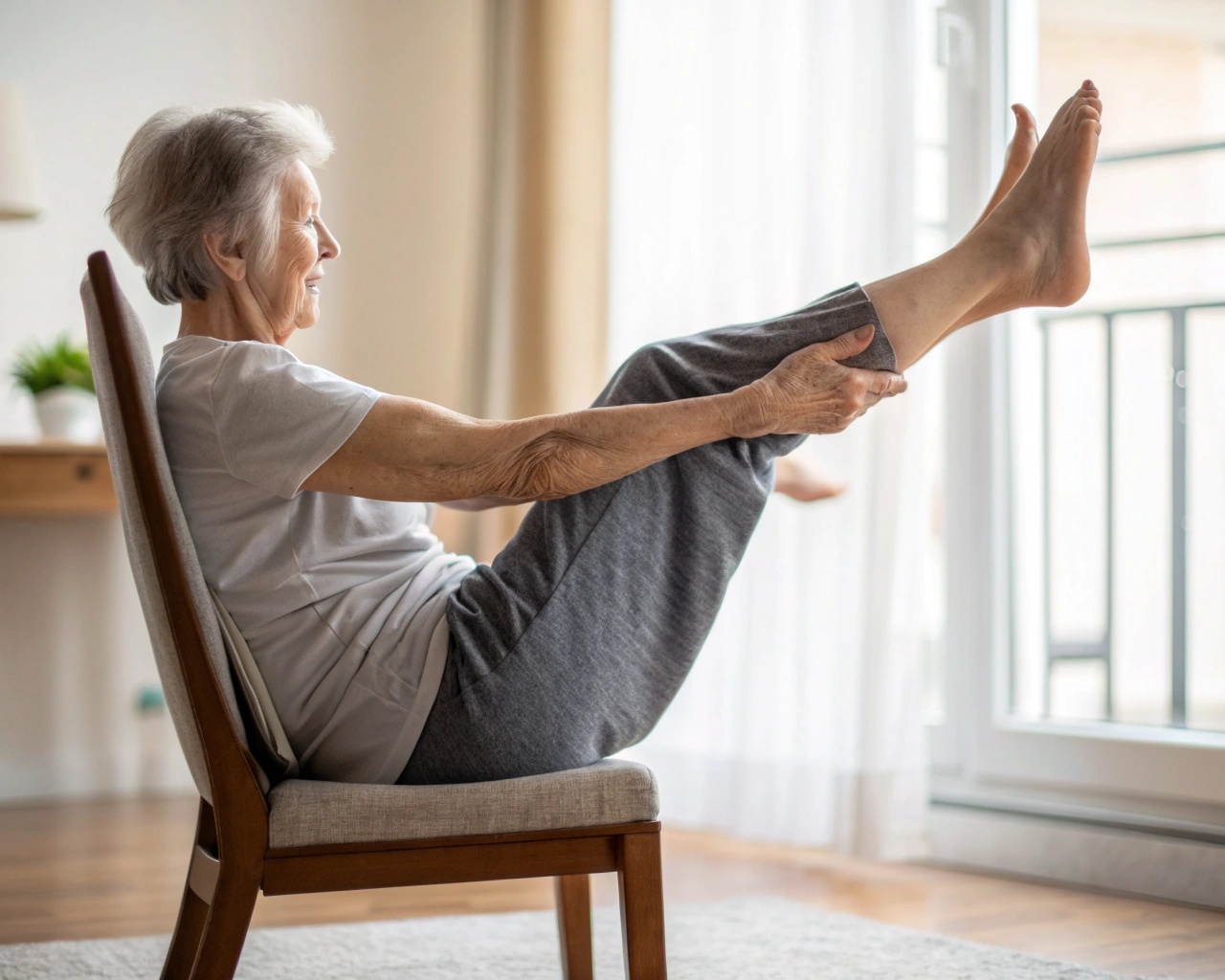 Persona mayor haciendo ejercicios de equilibrio en casa, enfocándose en las piernas y pies durante elevaciones de talones, con luz natural suave y un fondo difuso.