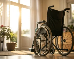 Silla de ruedas en un ambiente hogareño suave, símbolo de apoyo y empoderamiento, con iluminación cálida y detalles nítidos.