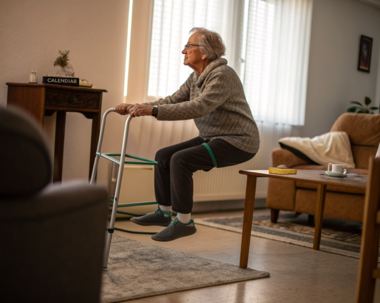 Persona mayor no identificable sentada en un sillón elevando la pierna recta con un peso en el tobillo y una banda de resistencia; manos sujetan el sillón, andador plegado y calendario con casillas marcadas en un fondo hogareño minimalista y luz suave.