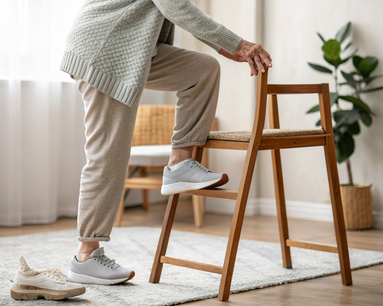 Persona mayor practicando equilibrio en casa, sujetando ligeramente una silla de madera con las manos; un pie apoyado y el otro levantado unos centímetros. Lleva zapatos antideslizantes y un cárdigan de punto; alfombra suave y planta en maceta desenfocadas al fondo. Iluminación difusa y composición que enfatiza manos, textura del tejido y la suela del zapato. Par de zapatos de paseo colocados cerca.