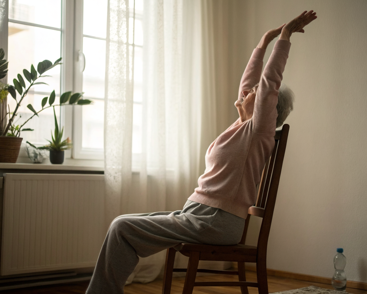 Persona mayor sentada en silla de madera realizando un estiramiento con los brazos elevados, torso alargado y espalda recta; rostro no identificable, suéter de punto, manos con arrugas y venas visibles; luz difusa desde una ventana, fondo de sala desenfocado con planta y botella de agua.