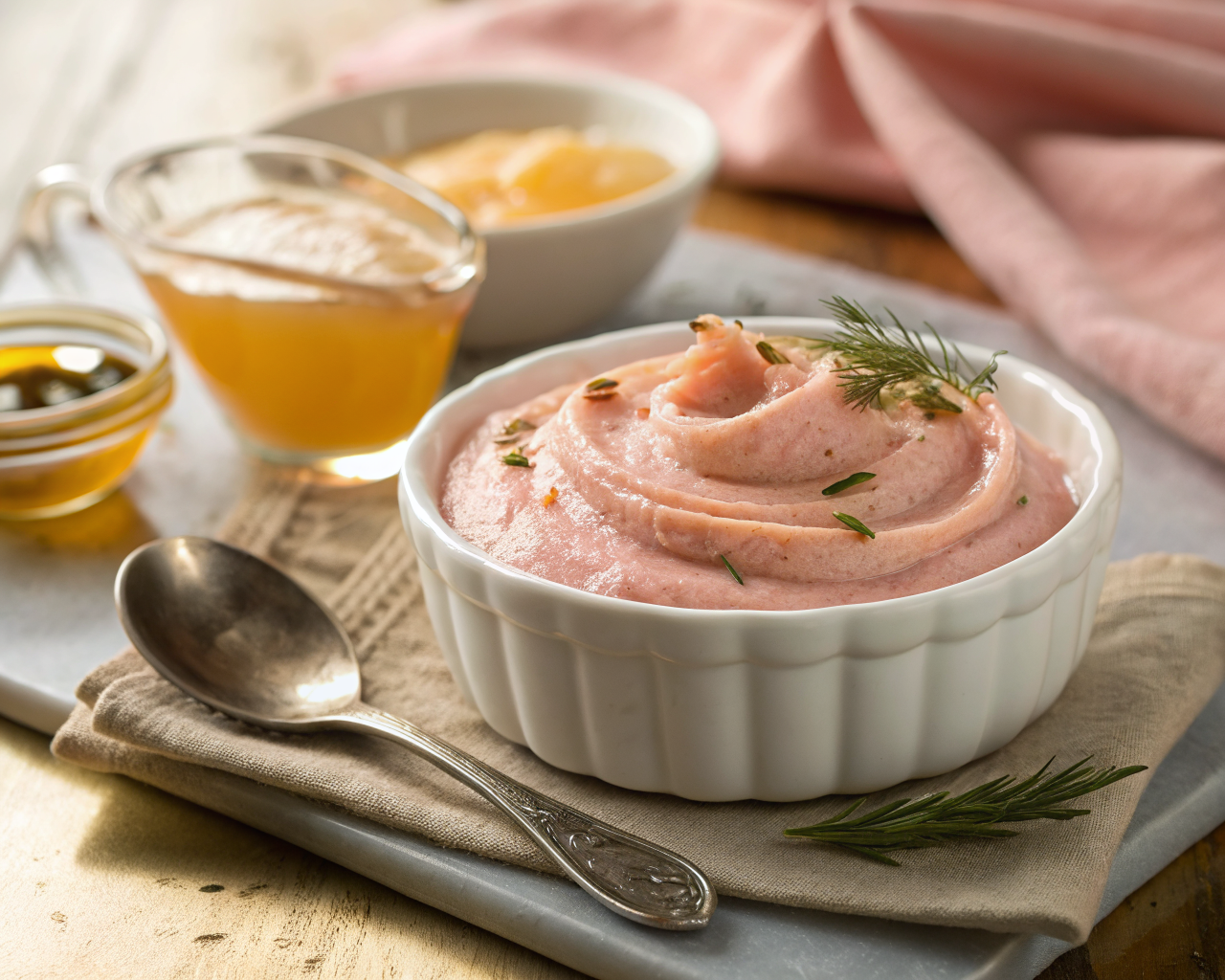Primer plano de cuenco cerámico humeante con puré salmón cremoso, aceite y eneldo, cucharita en el borde y vaso corto de jugo espeso; fondo de cocina cálida desenfocado.