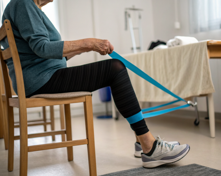 Persona mayor sentada en silla realizando extensión de rodilla con banda de resistencia azul; mano de apoyo estabiliza el muslo, toalla doblada en la silla y bastón desenfocado al fondo. Enfoque en pierna, banda y manos, iluminación suave.