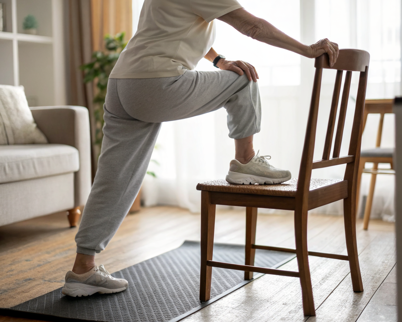 Plano cerrado del torso inferior de una persona mayor en equilibrio sobre una pierna junto a una silla de madera, mano apoyada, colchoneta antideslizante y zapatos de caminar al borde; fondo de sala desenfocado.