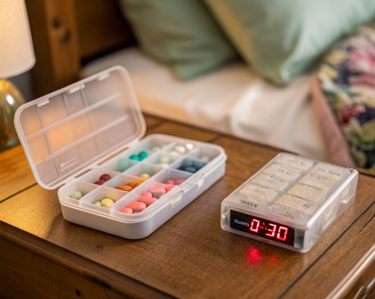 Plano extremo de un organizador de pastillas con compartimentos translúcidos abiertos mostrando pastillas coloridas, un LED de alarma encendido, pantalla digital con la hora y una mano de persona mayor alcanzando un compartimento; fondo interior desenfocado sobre una mesa de noche de madera.