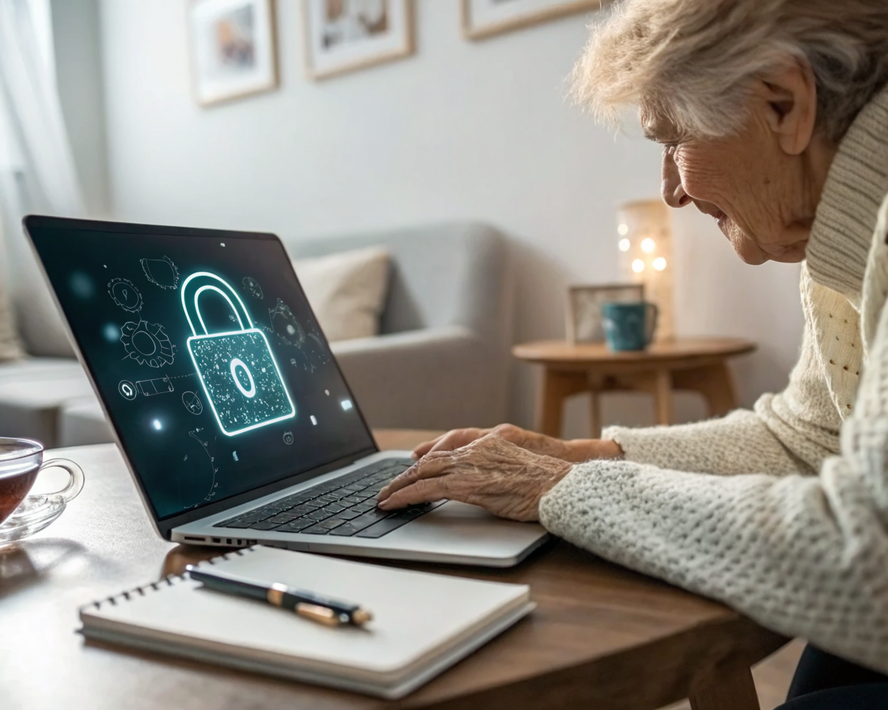 Persona mayor con suéter inclinada sobre un portátil, manos sobre el teclado; la pantalla muestra un candado brillante y un campo de verificación. Fondo del salón desenfocado con una foto familiar; cuaderno y bolígrafo junto a la computadora. Enfoque en manos y reflejos de pantalla.