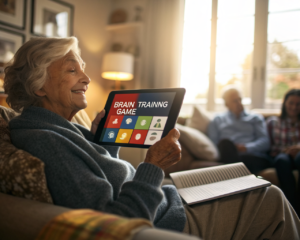 Persona mayor sosteniendo una tablet con un juego de entrenamiento cerebral colorido; manos y pantalla en primer plano, rostro sonriente fuera de foco, sala acogedora con ventana soleada y fotos desenfocadas.