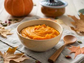 Tazón de puré de calabaza en una mesa de cocina otoñal, rodeado de hojas caídas y una cuchara de madera, con una iluminación suave que resalta su textura.