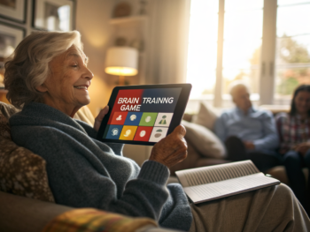 Apps gratis para el cerebro: juegos de memoria gratis y entrenamiento memoria adultos mayores Persona mayor sosteniendo una tablet con un juego de entrenamiento cerebral colorido; manos y pantalla en primer plano, rostro sonriente fuera de foco, sala acogedora con ventana soleada y fotos desenfocadas.