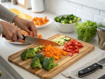 Una mano corta zanahorias y brócoli en una tabla de cortar de madera, rodeada de vegetales frescos en un entorno de cocina minimalista. La iluminación natural destaca la frescura de los ingredientes.