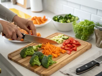 Una mano corta zanahorias y brócoli en una tabla de cortar de madera, rodeada de vegetales frescos en un entorno de cocina minimalista. La iluminación natural destaca la frescura de los ingredientes.