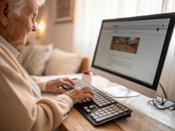 Elderly person typing on a computer with a focused look on the monitor, hands highlighted against a cozy room's soft lighting.