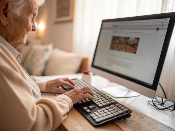 Elderly person typing on a computer with a focused look on the monitor, hands highlighted against a cozy room's soft lighting.