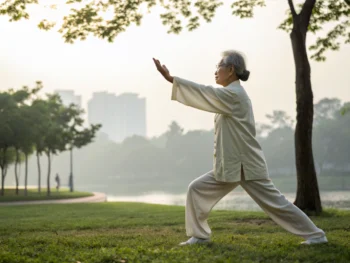 Persona mayor realizando Tai Chi en un parque tranquilo, con movimientos suaves y armoniosos, rodeado de un entorno natural iluminado de manera difusa.