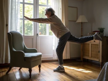 Persona mayor realizando un ejercicio de equilibrio en una sala de estar acogedora, con luz natural que entra por una ventana, manteniendo una postura firme sobre una pierna, brazos extendidos para estabilidad.
