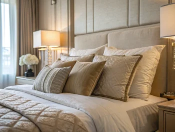 Habitación tranquila con una cama acogedora, decorada con almohadas suaves y sábanas en colores relajantes. Iluminación suave que genera un ambiente de paz y relajación.