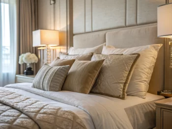 Habitación tranquila con una cama acogedora, decorada con almohadas suaves y sábanas en colores relajantes. Iluminación suave que genera un ambiente de paz y relajación.