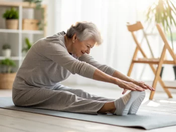 Un senior realizando un estiramiento hacia los pies en una habitación luminosa y minimalista, vestido con ropa cómoda de ejercicio y rodeado de un tapete de yoga y una silla de madera.