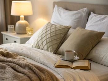 Dormitorio acogedor con cama hecha, almohadas suaves y manta cálida, iluminado por una lámpara de mesita que emite luz suave. Una mesita de noche con una taza de té y un libro abierto resalta el ambiente tranquilo.