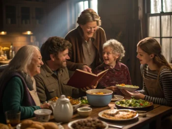 Familia multigeneracional reunida en una cocina rústica, compartiendo recetas tradicionales alrededor de una mesa, con platos diversos y un libro de cocina, iluminados por luz natural.
