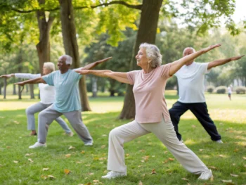 Grupo de personas mayores realizando ejercicios de equilibrio y estiramiento en un parque, rodeados de un ambiente natural y tranquilo que refleja paz y concentración.