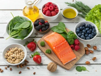 Selection de alimentos antiinflamatorios como salmón, bayas, verduras de hoja verde, aceite de oliva y nueces sobre una mesa de madera rústica.