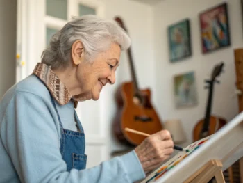 Una persona mayor feliz dedicando tiempo a su hobby creativo en un entorno acogedor. Detalles enfocados en sus manos y los objetos creativos, resaltando el proceso de creación en un ambiente iluminado naturalmente.