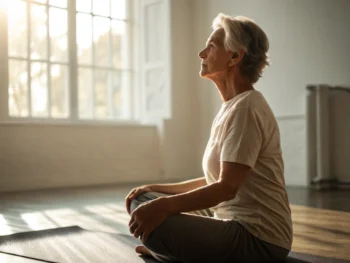 Anciano practicando yoga en una habitación iluminada por el sol, mostrando una expresión de calma y concentración en una postura sentada. La composición destaca texturas y suavidad, con un fondo sereno.