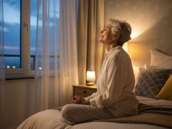 Anciano practicando respiración profunda en un dormitorio sereno, con suavidad en la iluminación y detalles que muestran un ambiente pacífico y equilibrado.