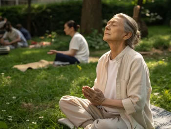 Persona mayor practicando la respiración mindful en un jardín sereno, con expresión relajada y ojos cerrados, rodeada de un entorno verde y tranquilo.